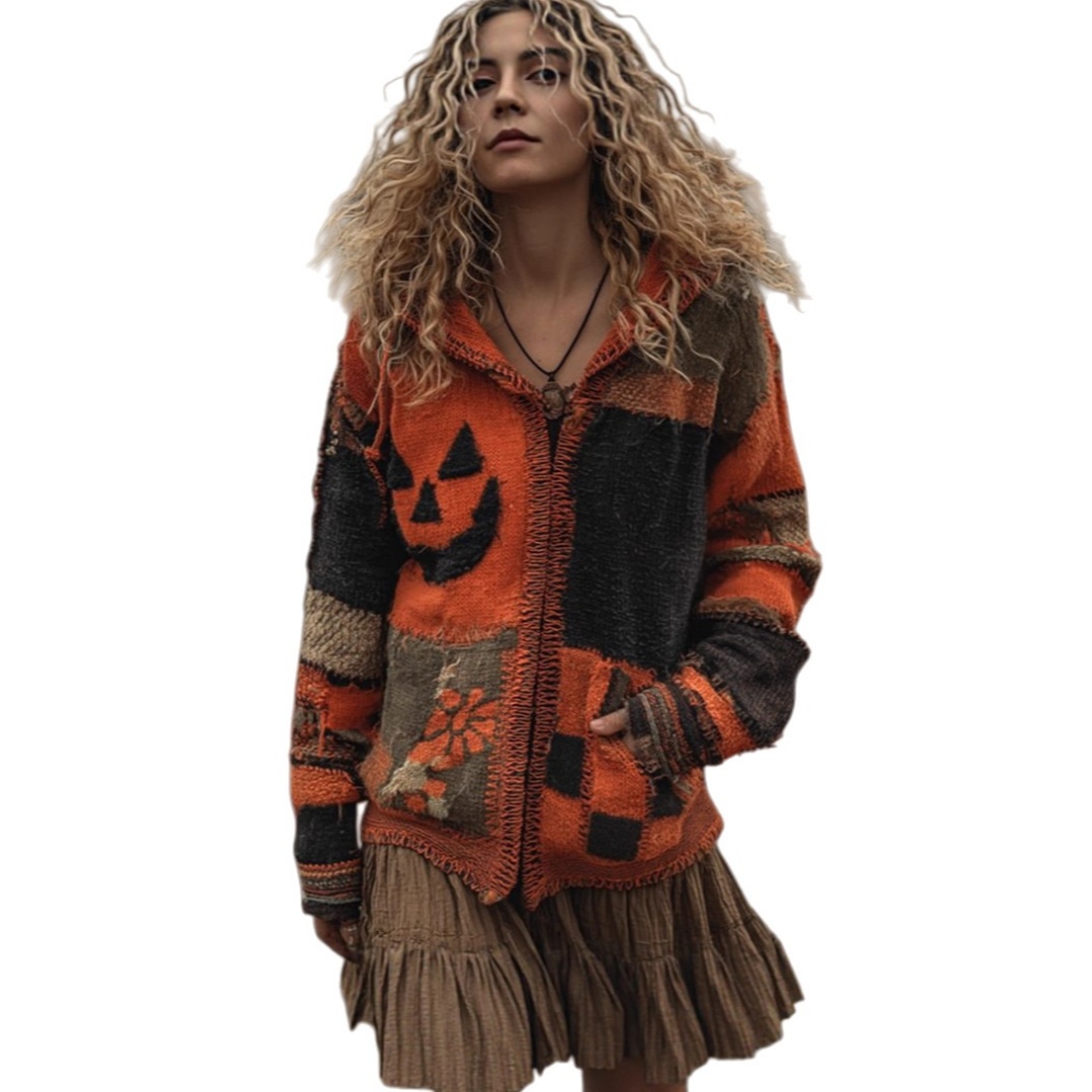 Halloween Sweater Winter Gothic Oversized Knit Cardigan Patchwork Print Knit Top